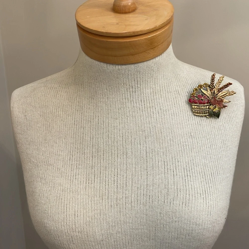Vintage Kenneth Cole Harvest Basket Brooch with Red and Gold Accents & Apples
